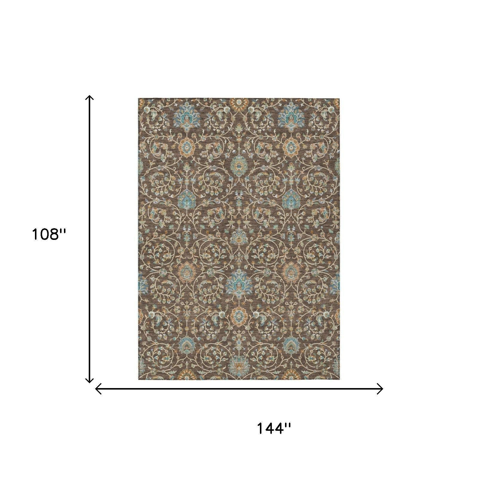 9' X 12' Coffee And Brown Floral Washable Indoor Outdoor Area Rug Homeroots Outdoor