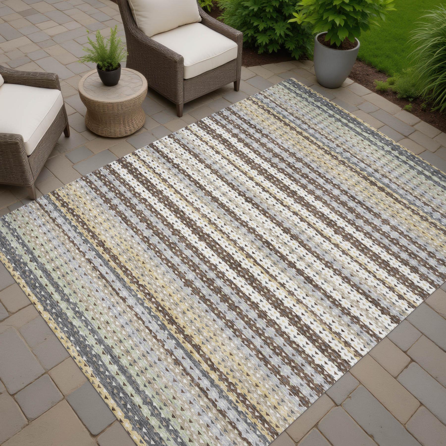 9' X 12' Coffee And Brown Striped Washable Indoor Outdoor Area Rug Homeroots Outdoor
