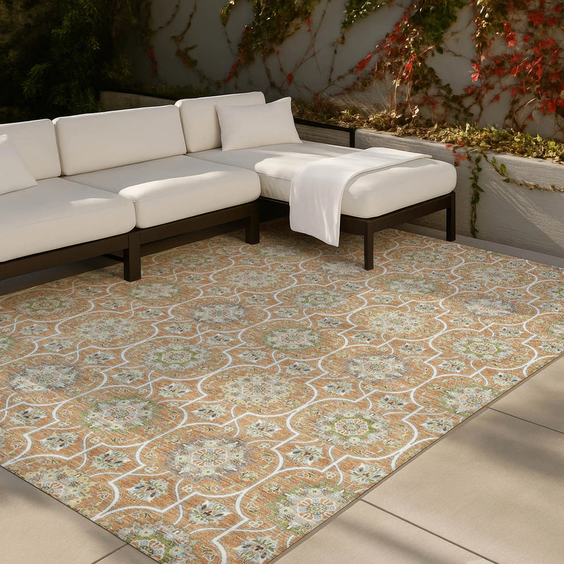 9' X 12' Copper And Beige Floral Medallion Washable Indoor Outdoor Area Rug Homeroots Outdoor