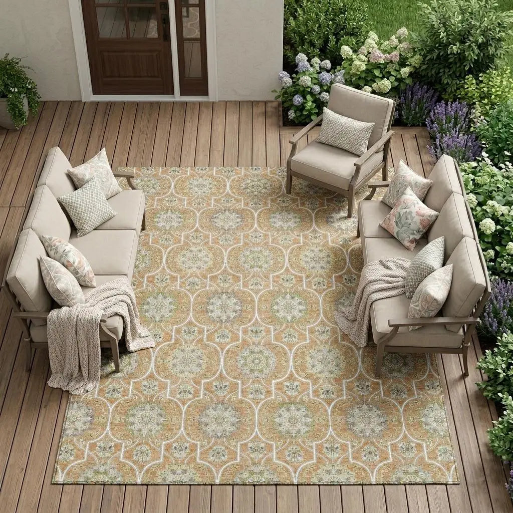 9' X 12' Copper And Beige Floral Medallion Washable Indoor Outdoor Area Rug Homeroots Outdoor