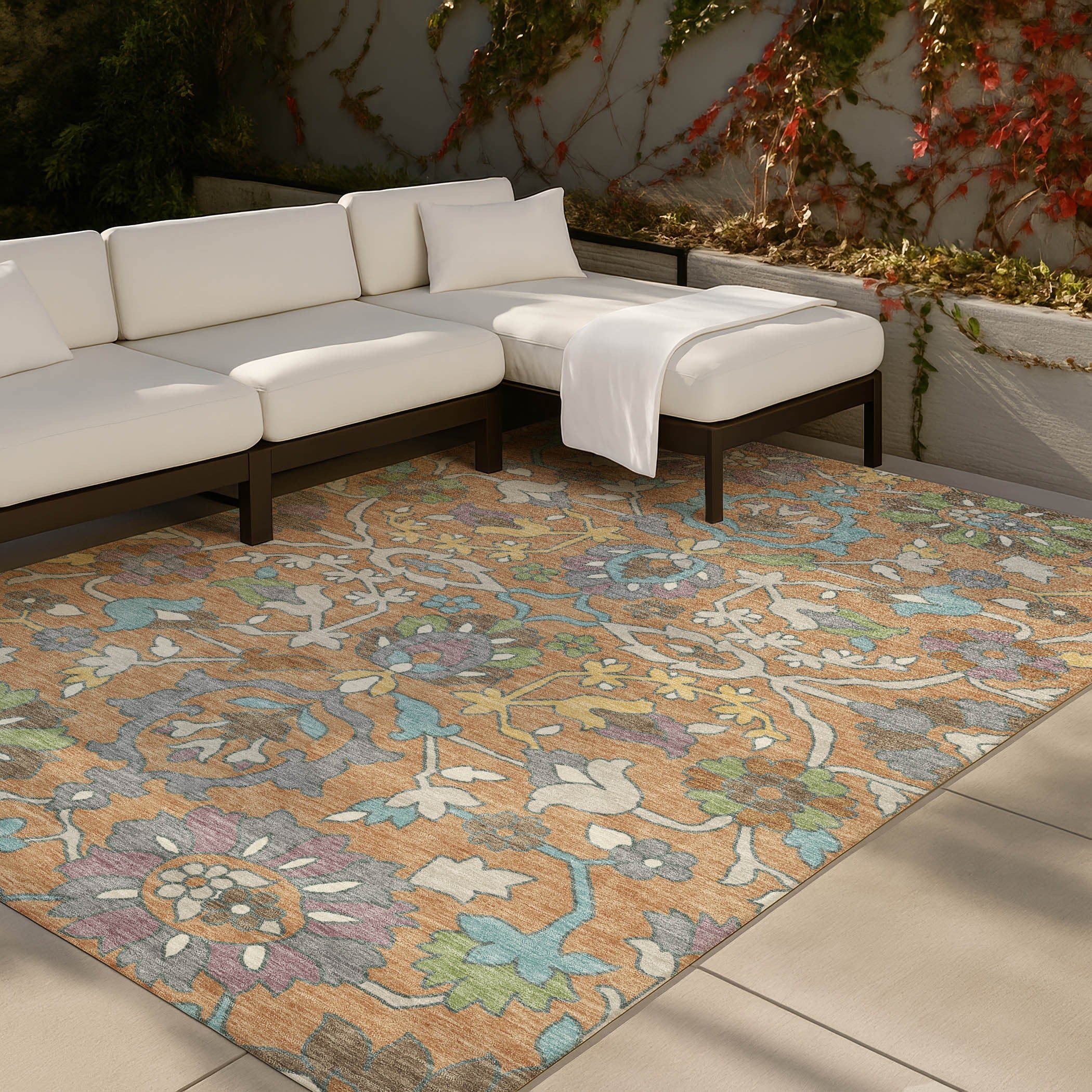 9' X 12' Copper And Blue Floral Washable Indoor Outdoor Area Rug Homeroots Outdoor