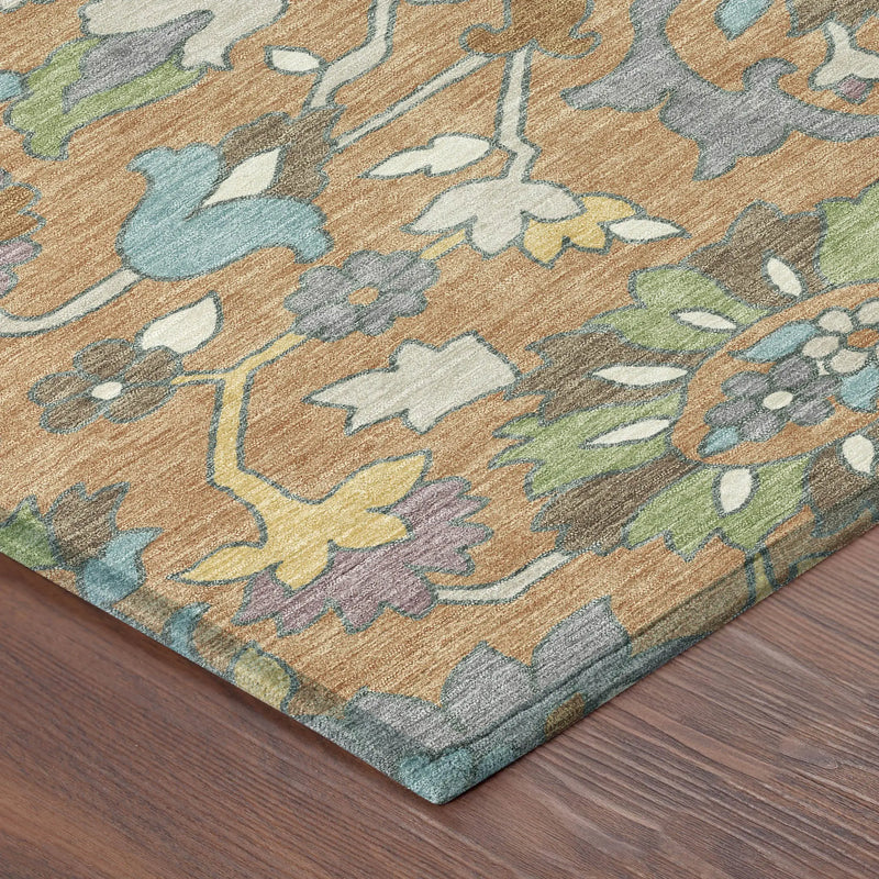 9' X 12' Copper And Blue Floral Washable Indoor Outdoor Area Rug Homeroots Outdoor