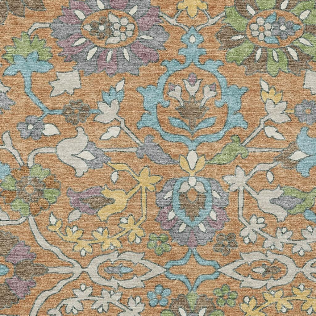 9' X 12' Copper And Blue Floral Washable Indoor Outdoor Area Rug Homeroots Outdoor