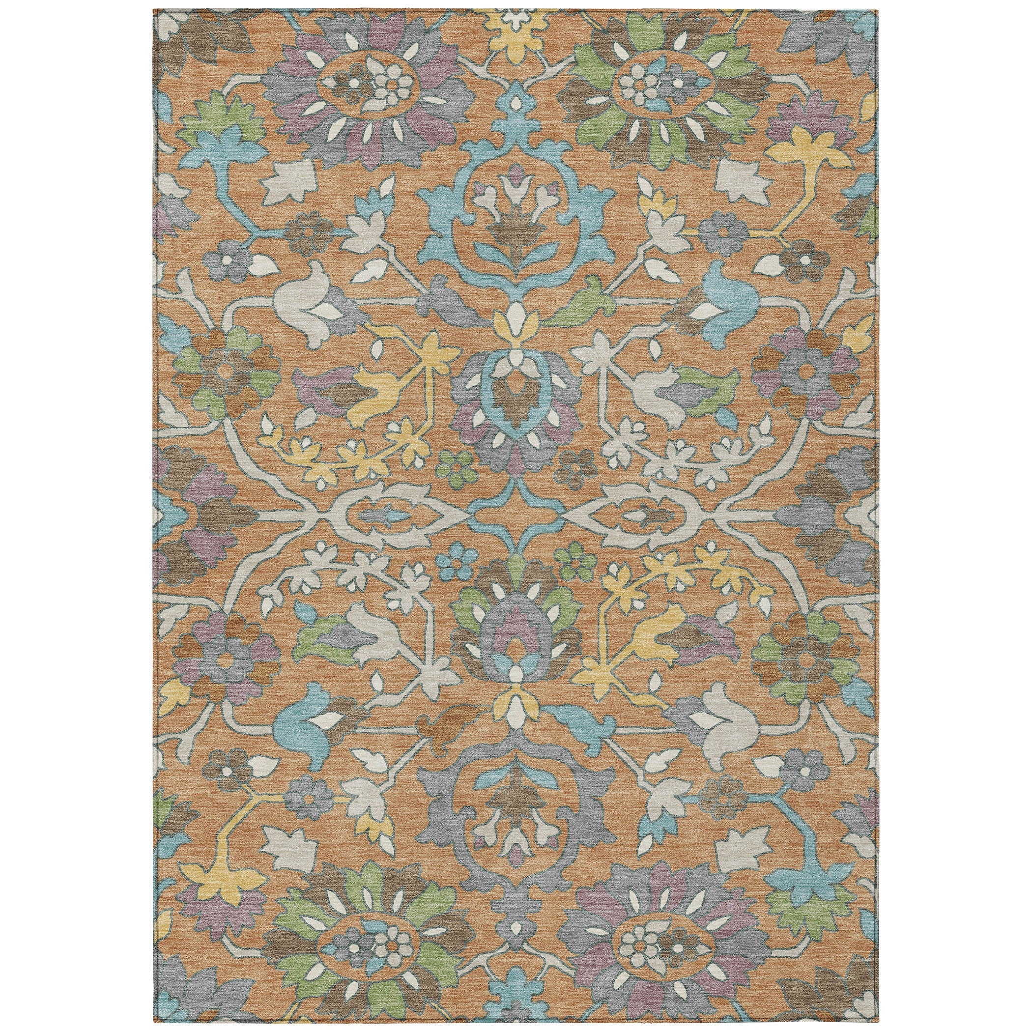 9' X 12' Copper And Blue Floral Washable Indoor Outdoor Area Rug Homeroots Outdoor