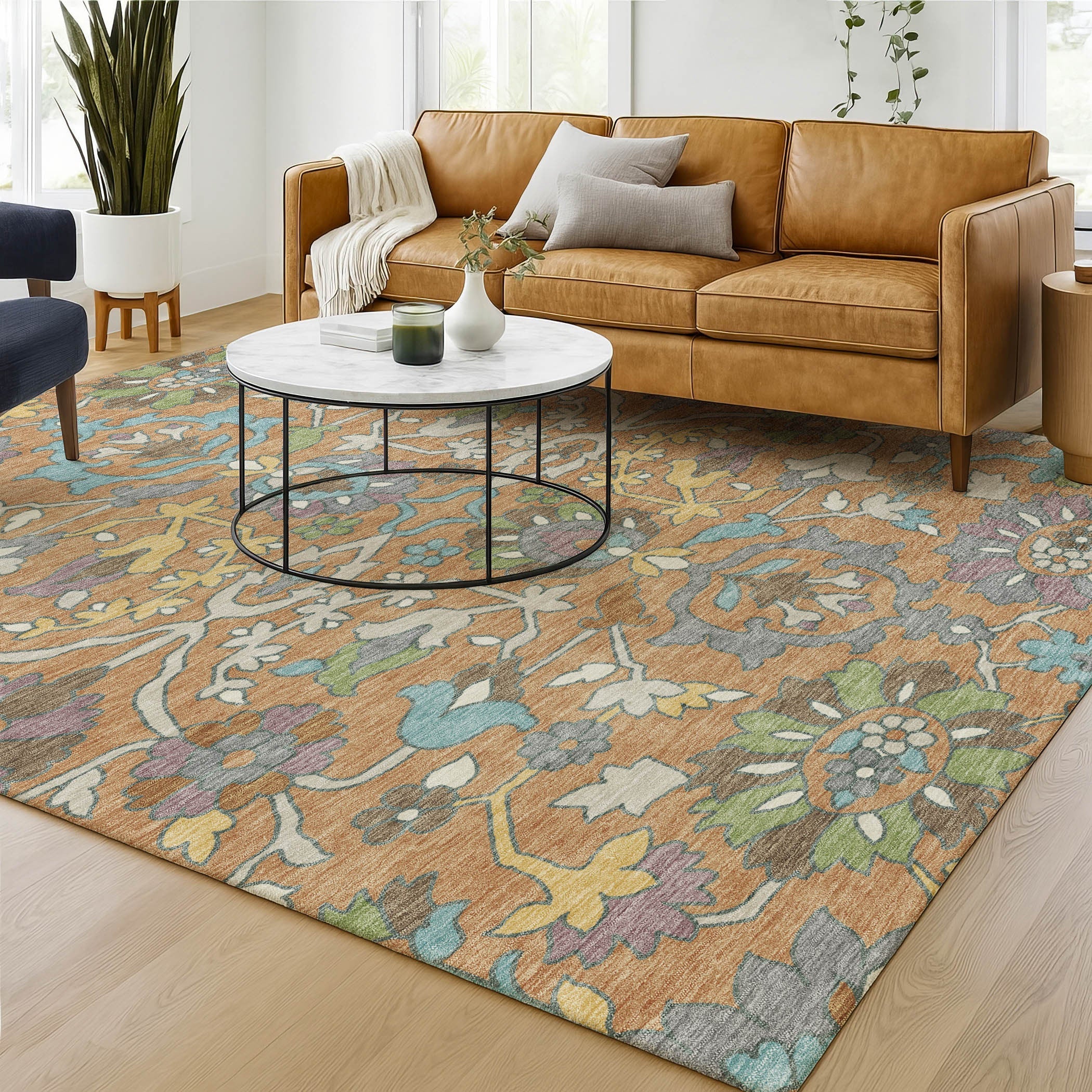 9' X 12' Copper And Blue Floral Washable Indoor Outdoor Area Rug Homeroots Outdoor