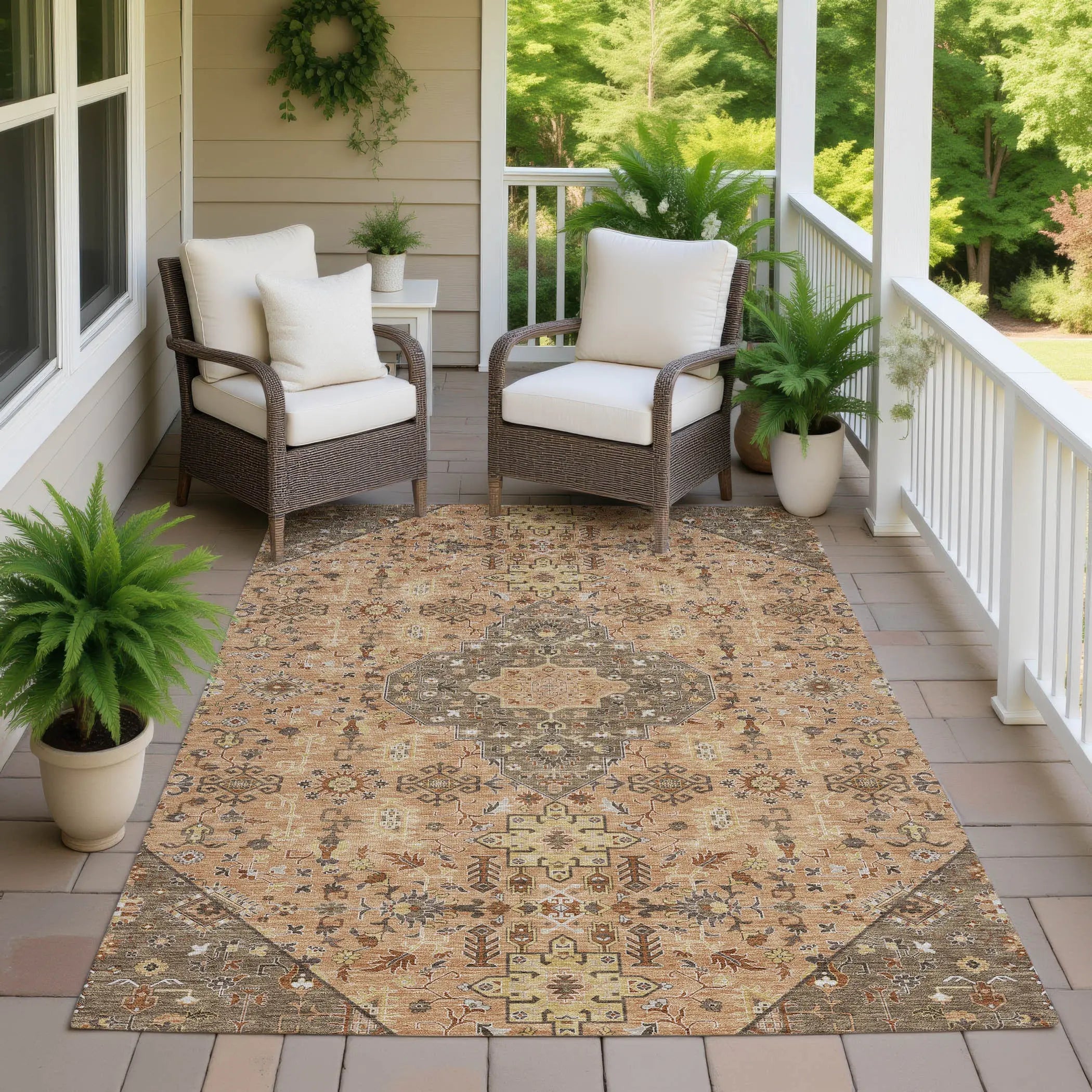 9' X 12' Copper And Blue Medallion Washable Indoor Outdoor Area Rug Homeroots Outdoor