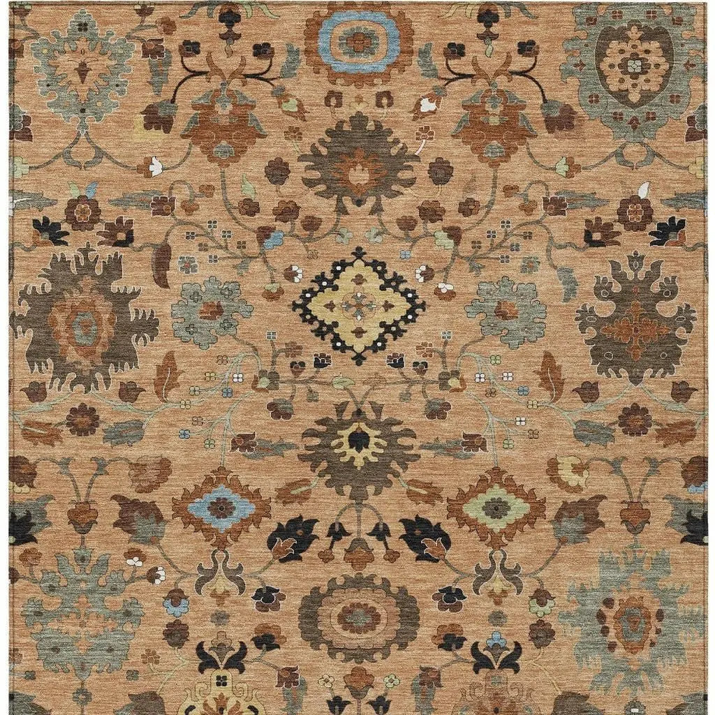 9' X 12' Copper And Brown Floral Medallion Washable Indoor Outdoor Area Rug Homeroots Outdoor