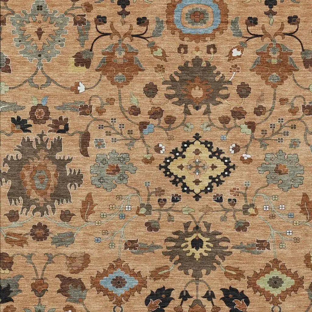 9' X 12' Copper And Brown Floral Medallion Washable Indoor Outdoor Area Rug Homeroots Outdoor
