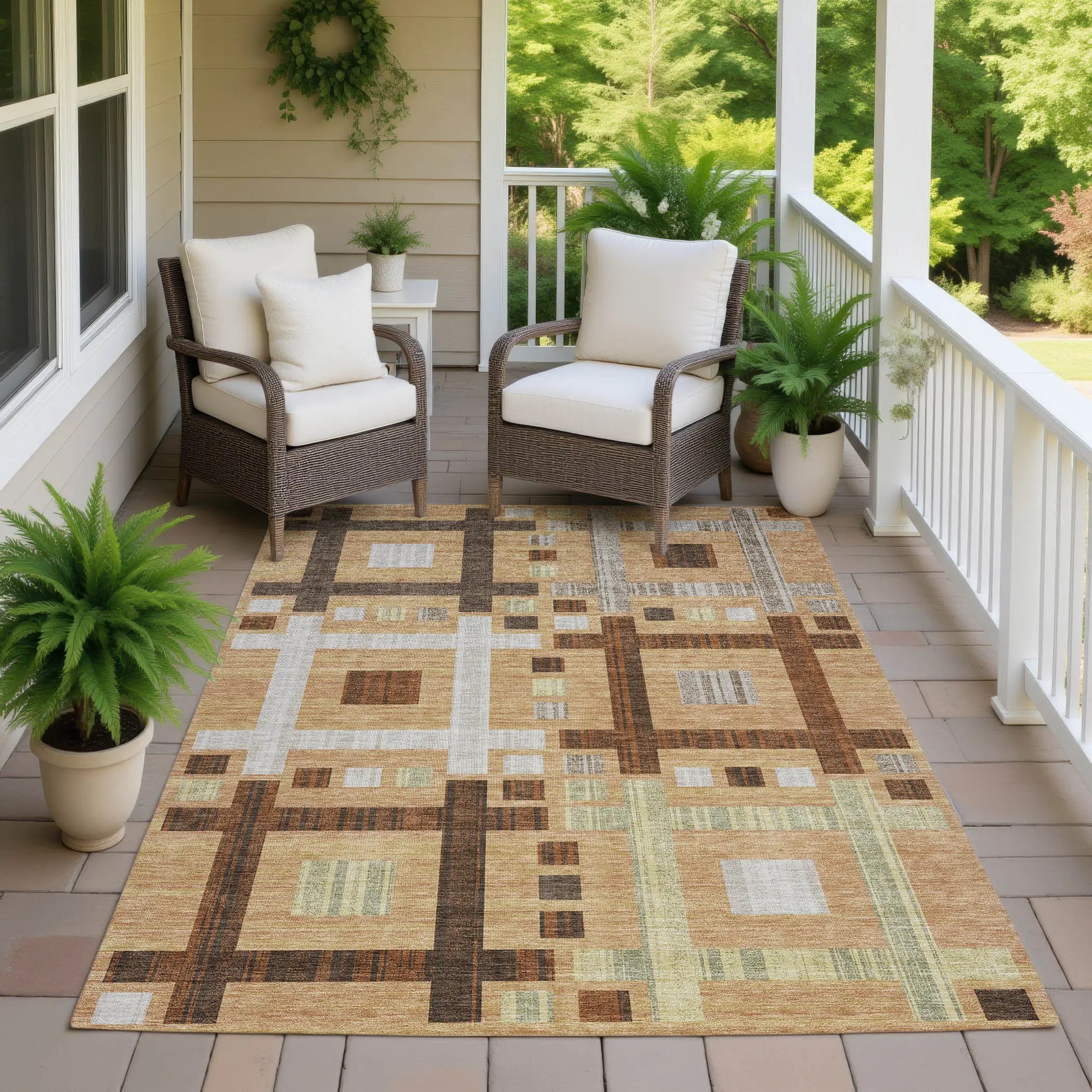 9' X 12' Copper And Brown Geometric Washable Indoor Outdoor Area Rug Homeroots Outdoor