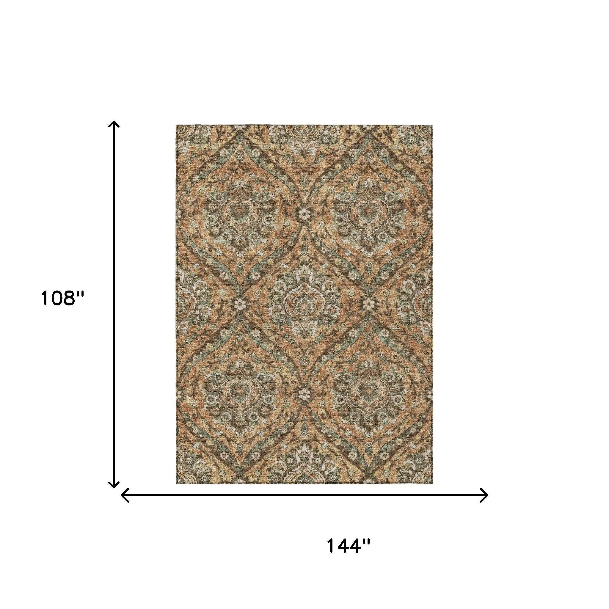 9' X 12' Copper And Gold Floral Washable Indoor Outdoor Area Rug Homeroots Outdoor