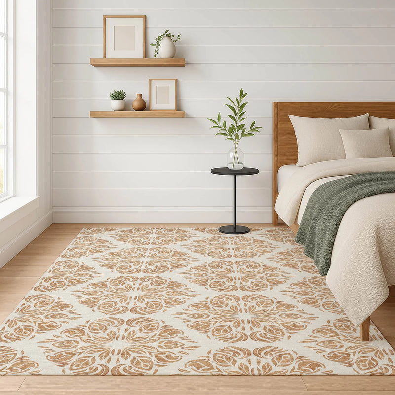 9' X 12' Copper And Ivory Damask Washable Indoor Outdoor Area Rug Homeroots Outdoor