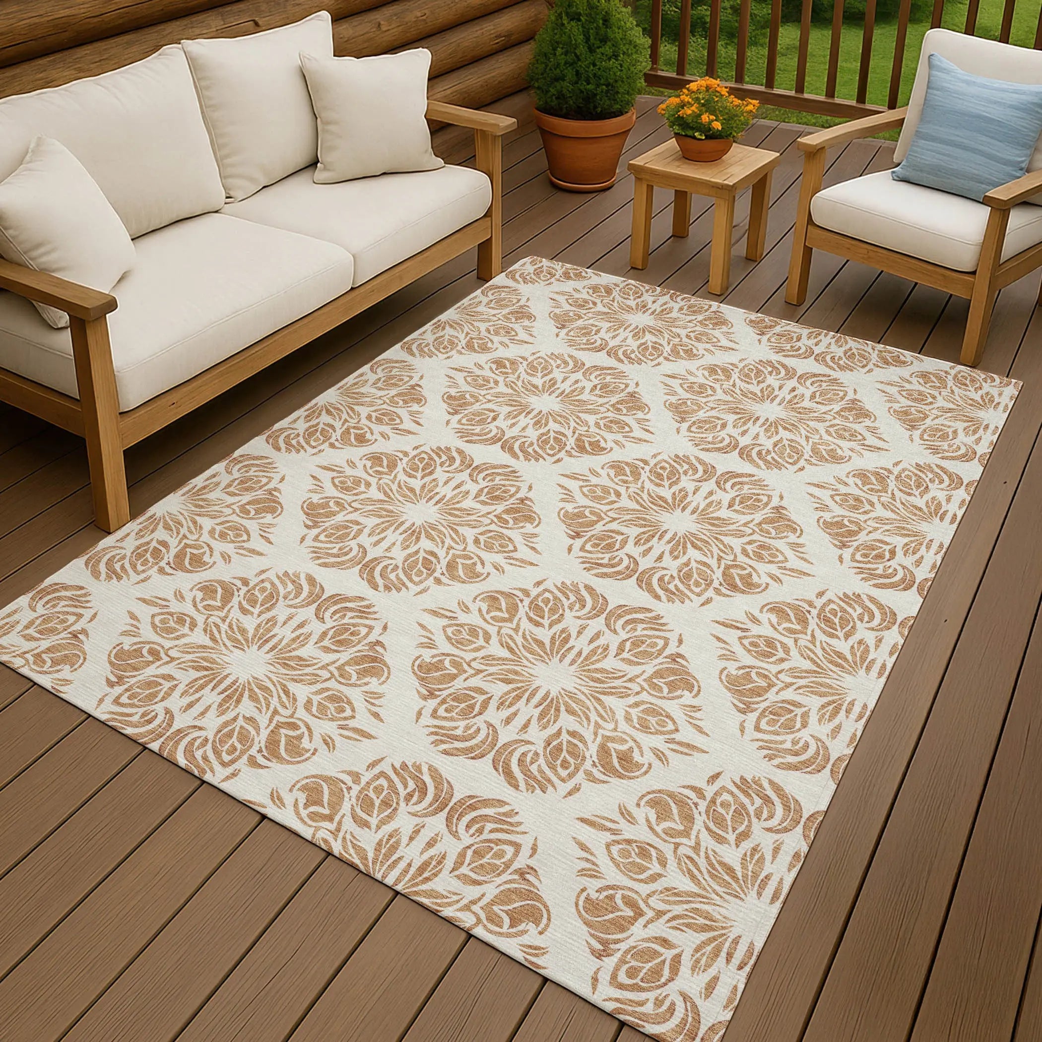 9' X 12' Copper And Ivory Damask Washable Indoor Outdoor Area Rug Homeroots Outdoor