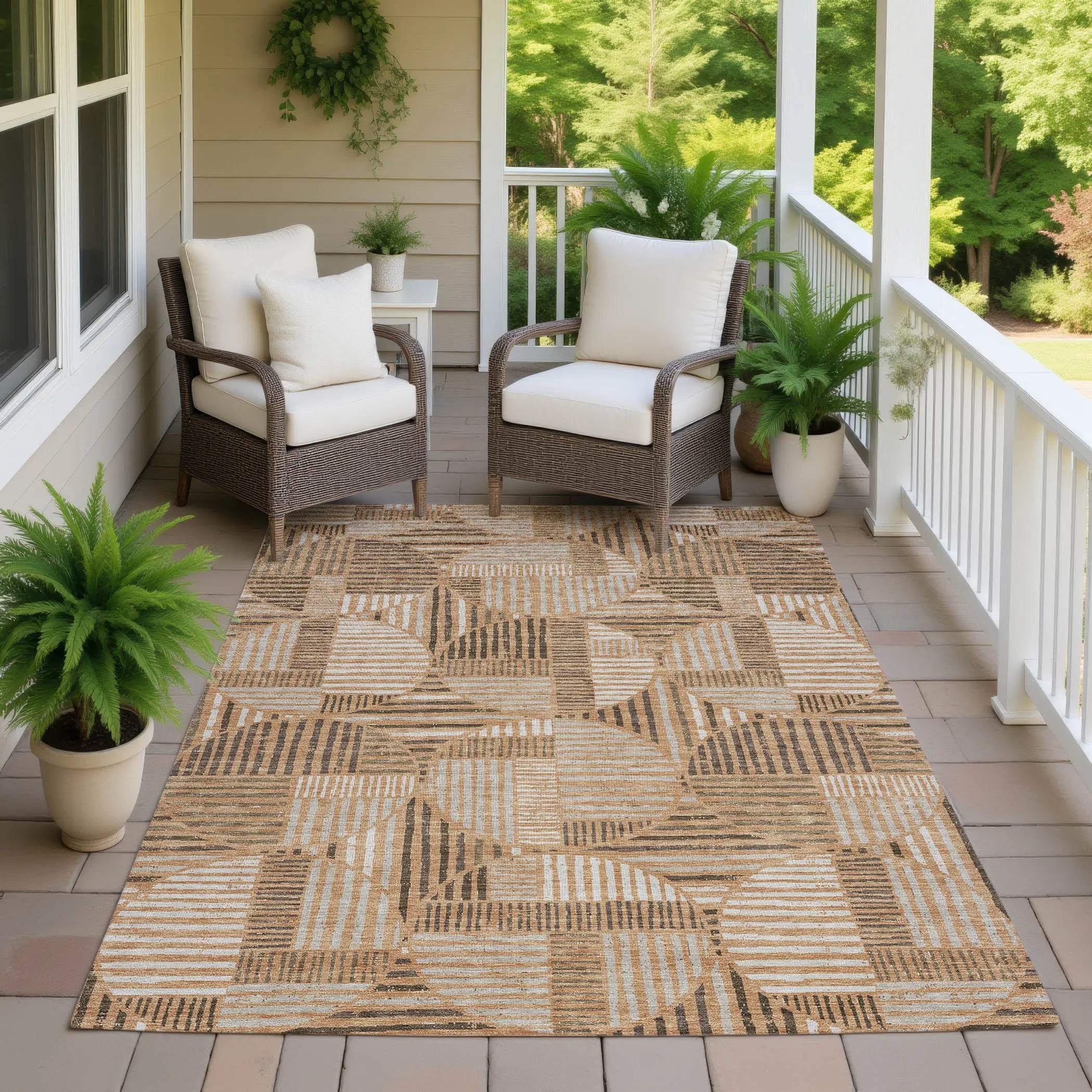 9' X 12' Copper And Khaki Geometric Washable Indoor Outdoor Area Rug Homeroots Outdoor