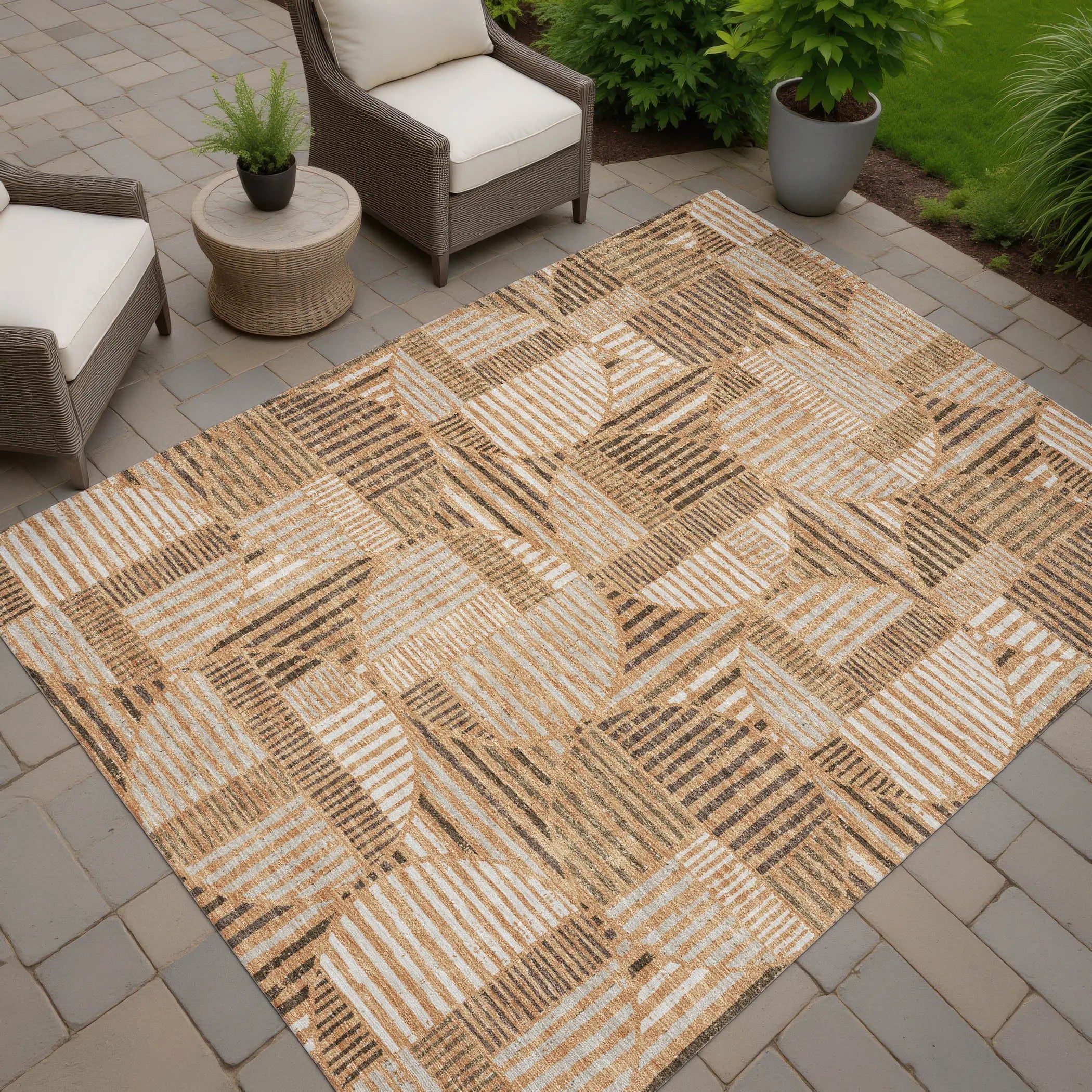 9' X 12' Copper And Khaki Geometric Washable Indoor Outdoor Area Rug Homeroots Outdoor