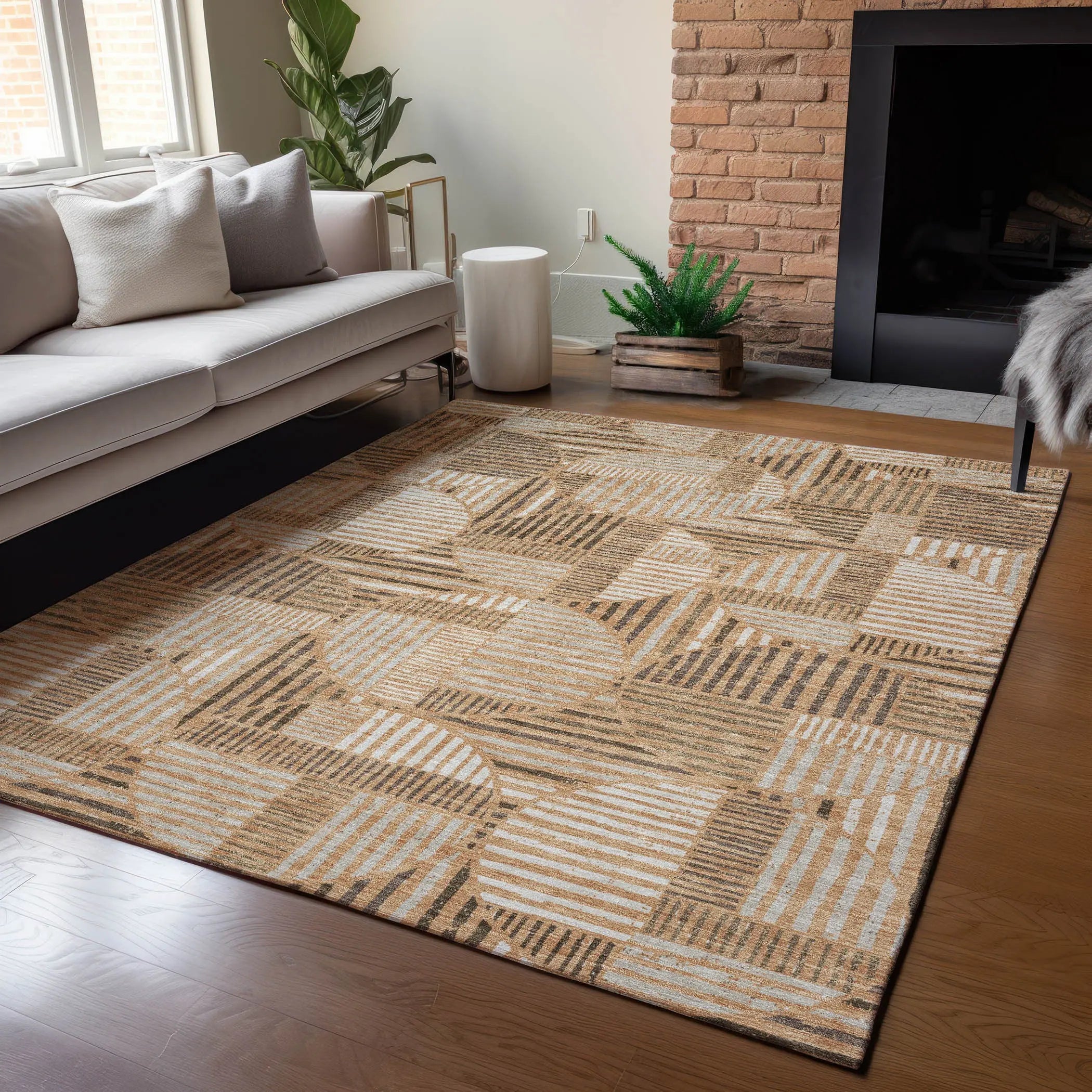 9' X 12' Copper And Khaki Geometric Washable Indoor Outdoor Area Rug Homeroots Outdoor