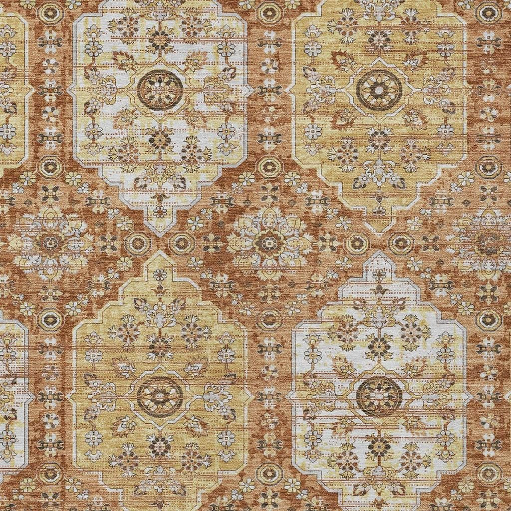 9' X 12' Copper And Orange Damask Washable Indoor Outdoor Area Rug Homeroots Outdoor