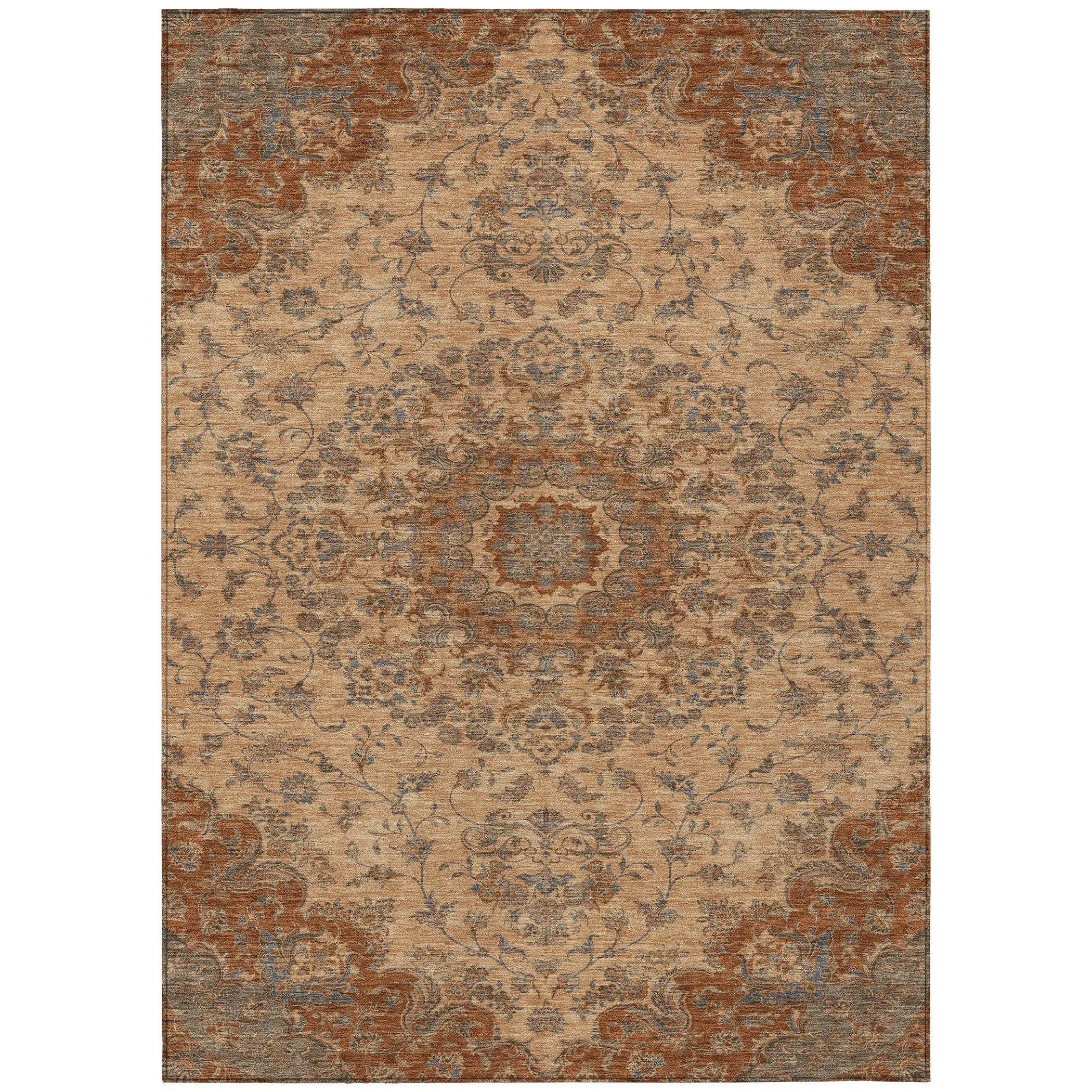 9' X 12' Copper And Orange Floral Medallion Washable Indoor Outdoor Area Rug Homeroots Outdoor