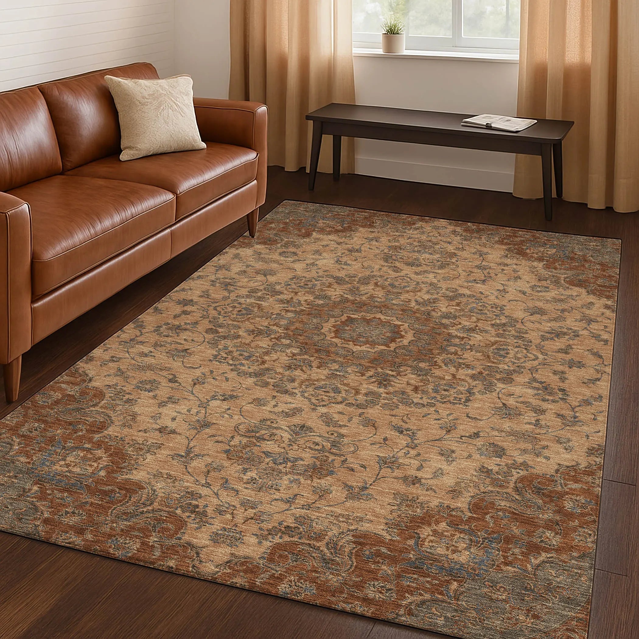 9' X 12' Copper And Orange Floral Medallion Washable Indoor Outdoor Area Rug Homeroots Outdoor