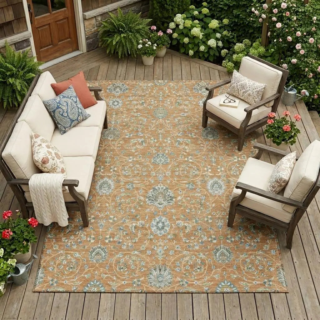 9' X 12' Copper And Orange Floral Washable Indoor Outdoor Area Rug Homeroots Outdoor