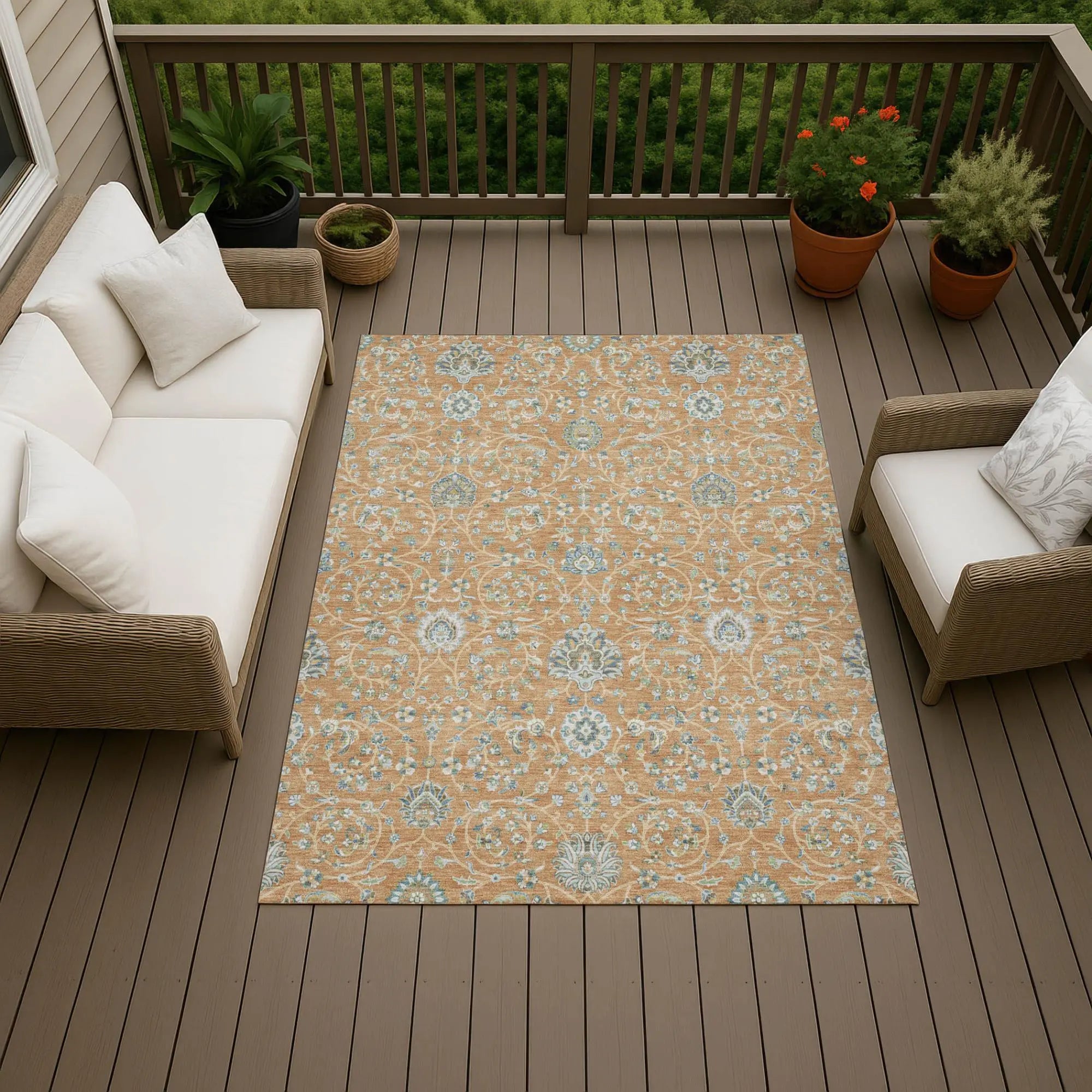 9' X 12' Copper And Orange Floral Washable Indoor Outdoor Area Rug Homeroots Outdoor