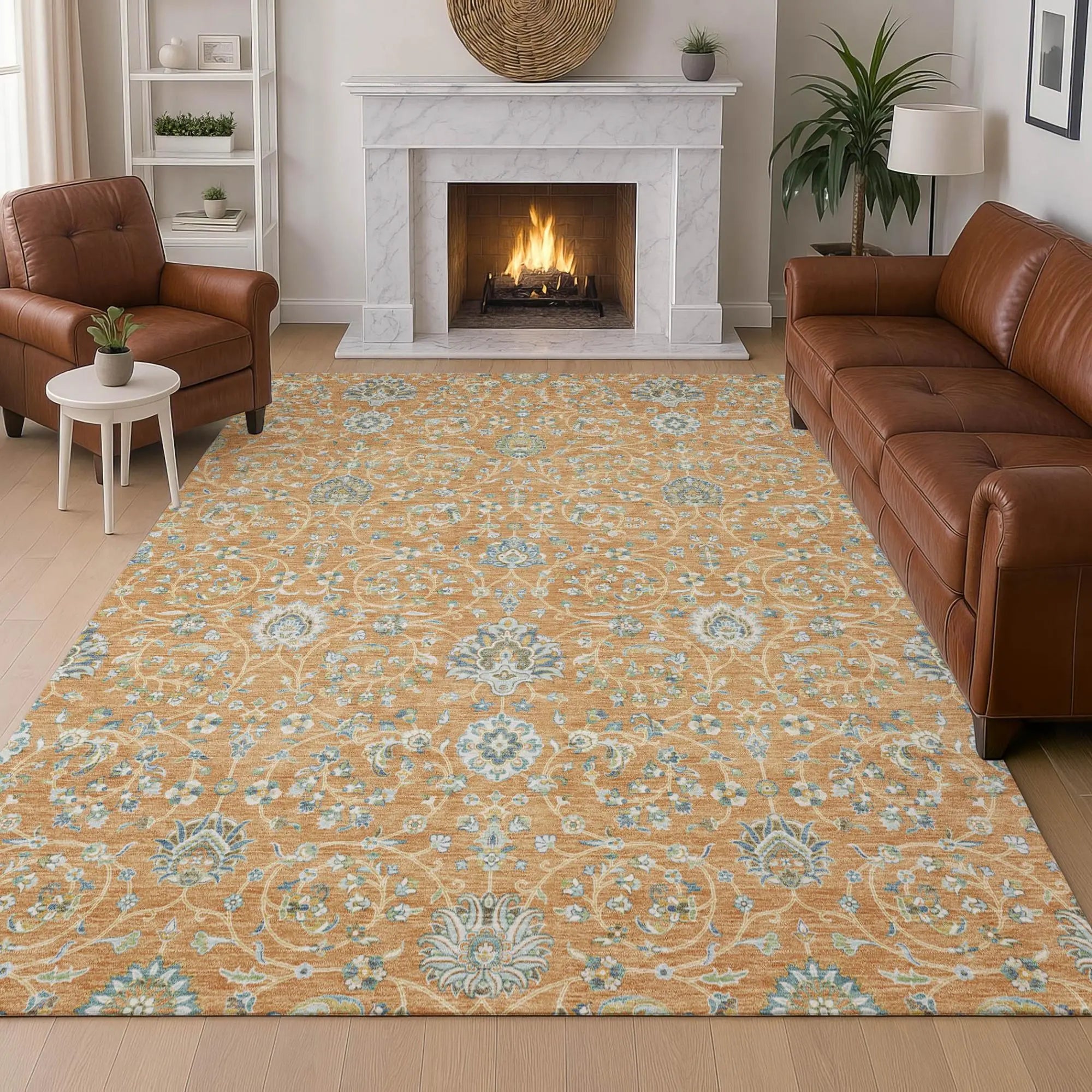 9' X 12' Copper And Orange Floral Washable Indoor Outdoor Area Rug Homeroots Outdoor