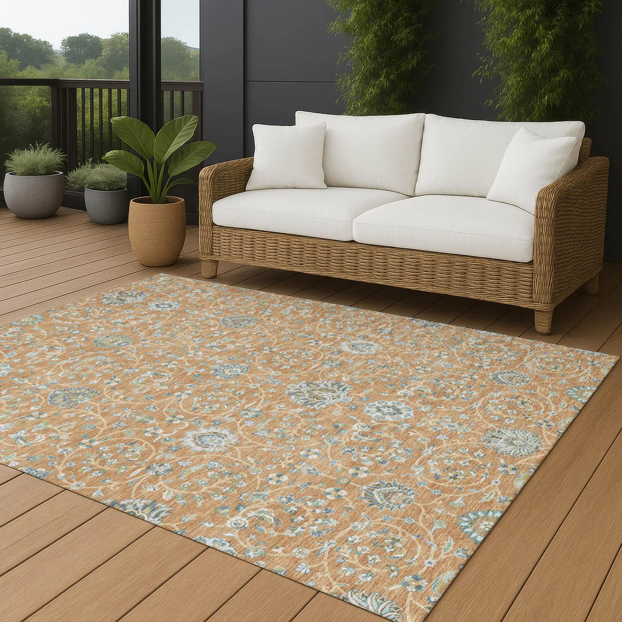 9' X 12' Copper And Orange Floral Washable Indoor Outdoor Area Rug Homeroots Outdoor