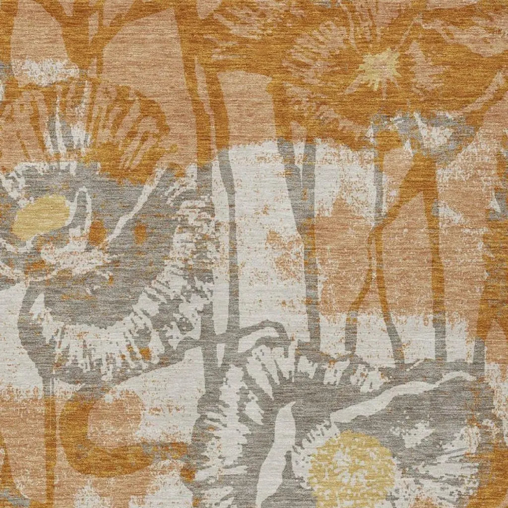 9' X 12' Copper And Orange Floral Washable Indoor Outdoor Area Rug Homeroots Outdoor