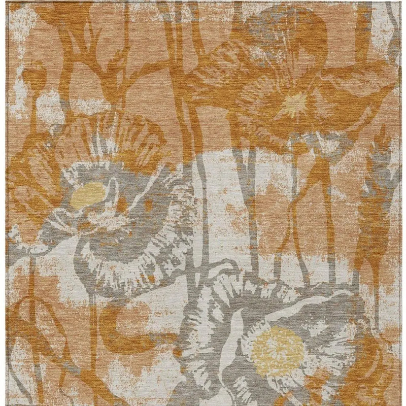 9' X 12' Copper And Orange Floral Washable Indoor Outdoor Area Rug Homeroots Outdoor