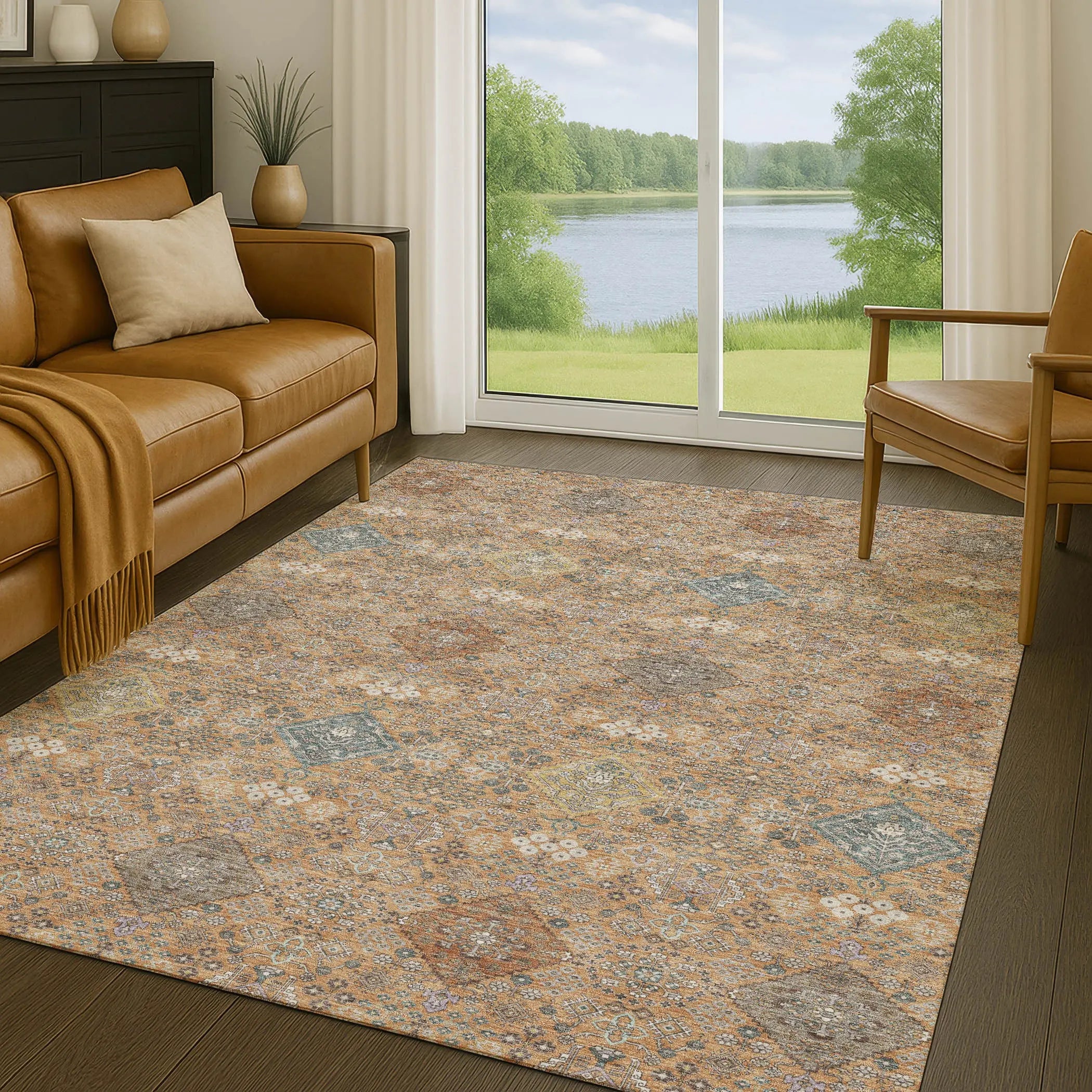 9' X 12' Copper And Orange Oriental Washable Indoor Outdoor Area Rug Homeroots Outdoor