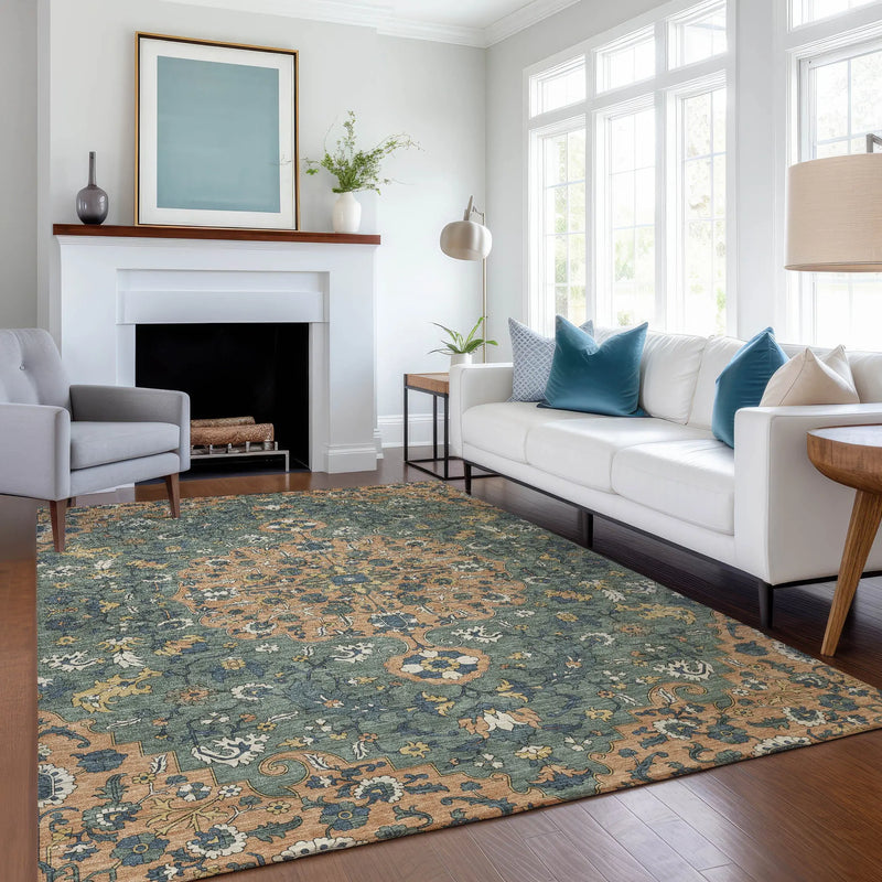 9' X 12' Copper And Sage Floral Medallion Washable Indoor Outdoor Area Rug Homeroots Outdoor