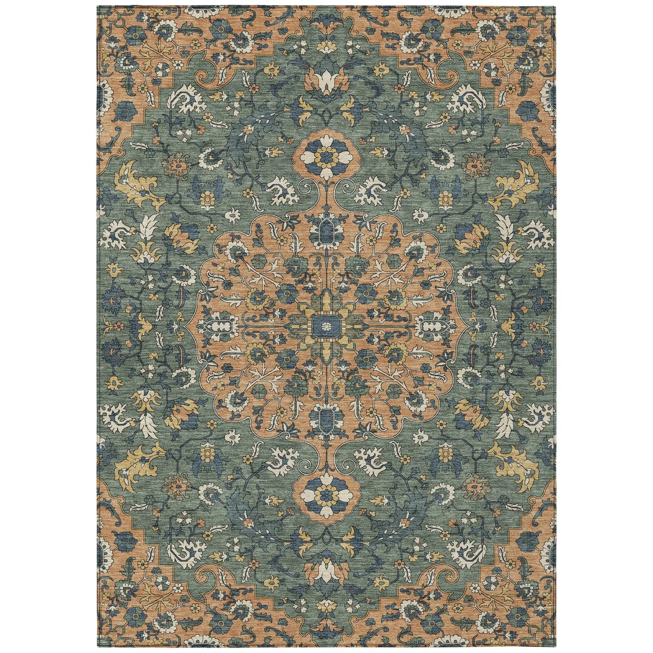 9' X 12' Copper And Sage Floral Medallion Washable Indoor Outdoor Area Rug Homeroots Outdoor
