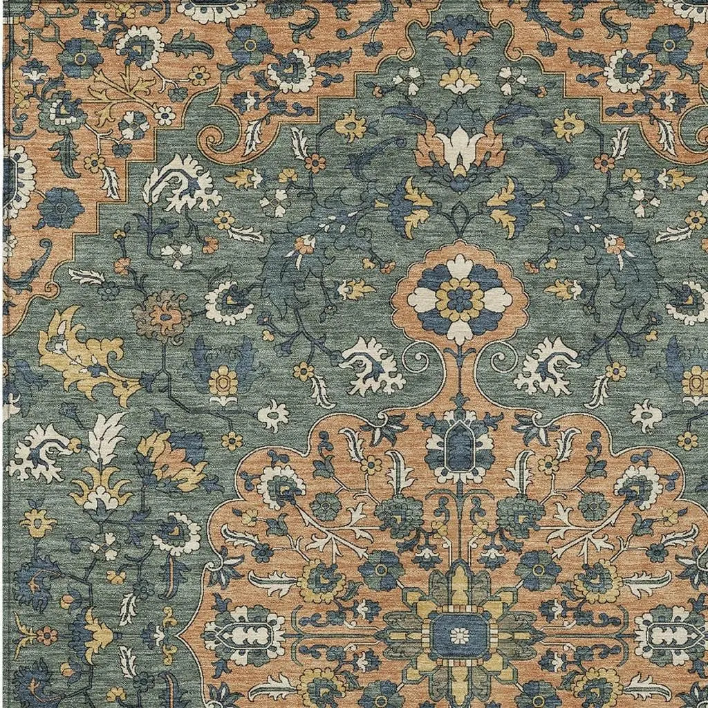 9' X 12' Copper And Sage Floral Medallion Washable Indoor Outdoor Area Rug Homeroots Outdoor