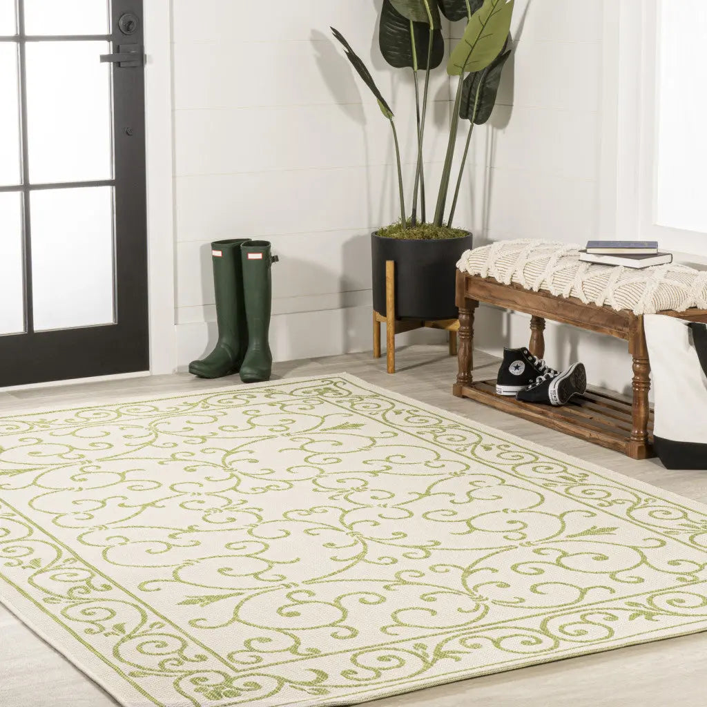 9' X 12' Cream And Green Medallion Indoor Outdoor Area Rug Homeroots Outdoor