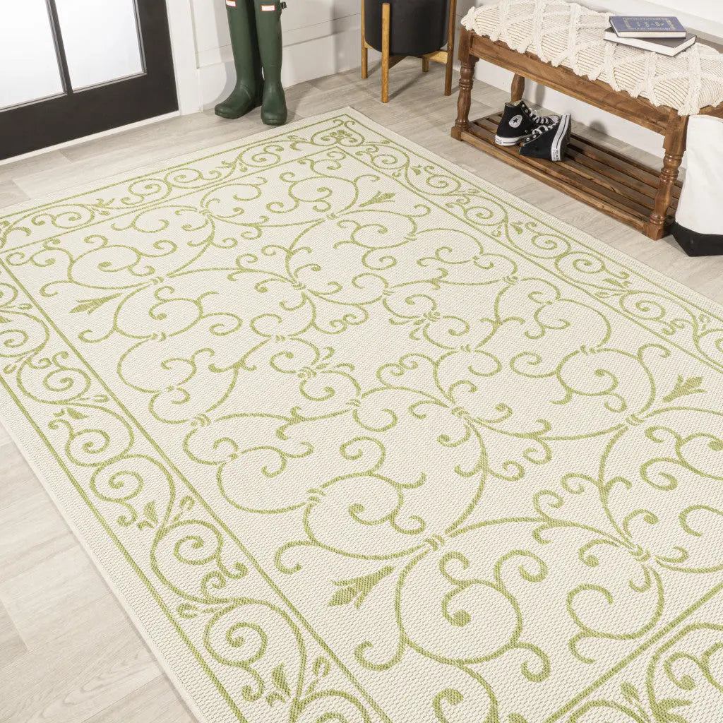 9' X 12' Cream And Green Medallion Indoor Outdoor Area Rug Homeroots Outdoor