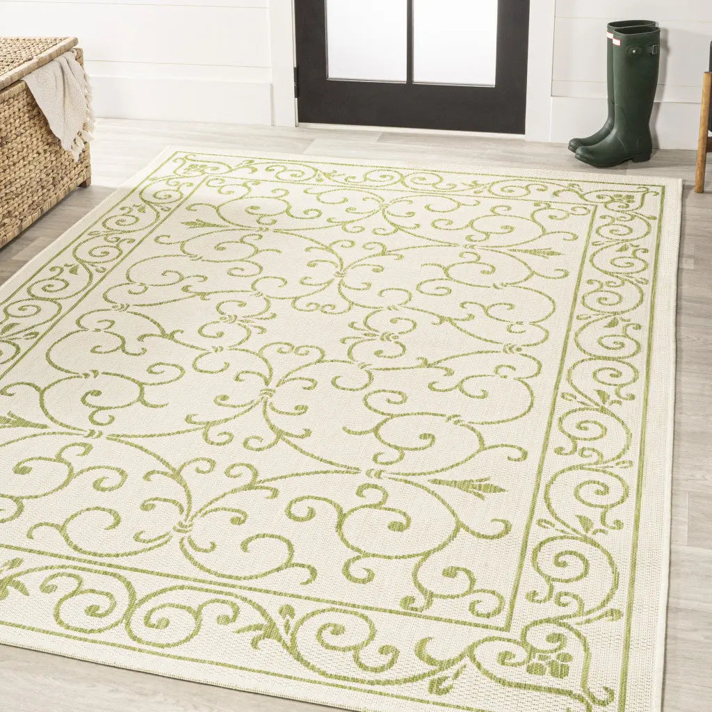 9' X 12' Cream And Green Medallion Indoor Outdoor Area Rug Homeroots Outdoor