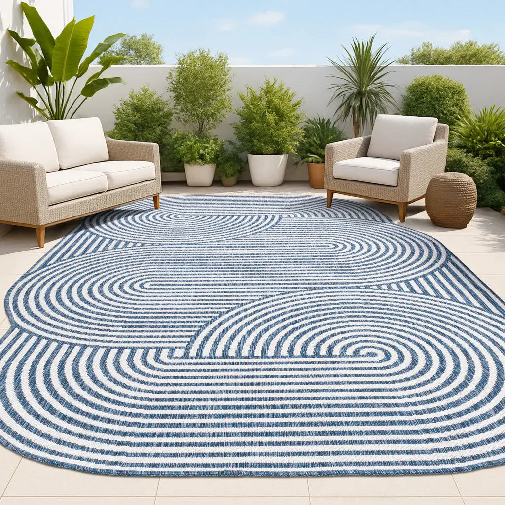 9' X 12' Cream And Navy Blue Abstract Indoor Outdoor Area Rug Homeroots Outdoor