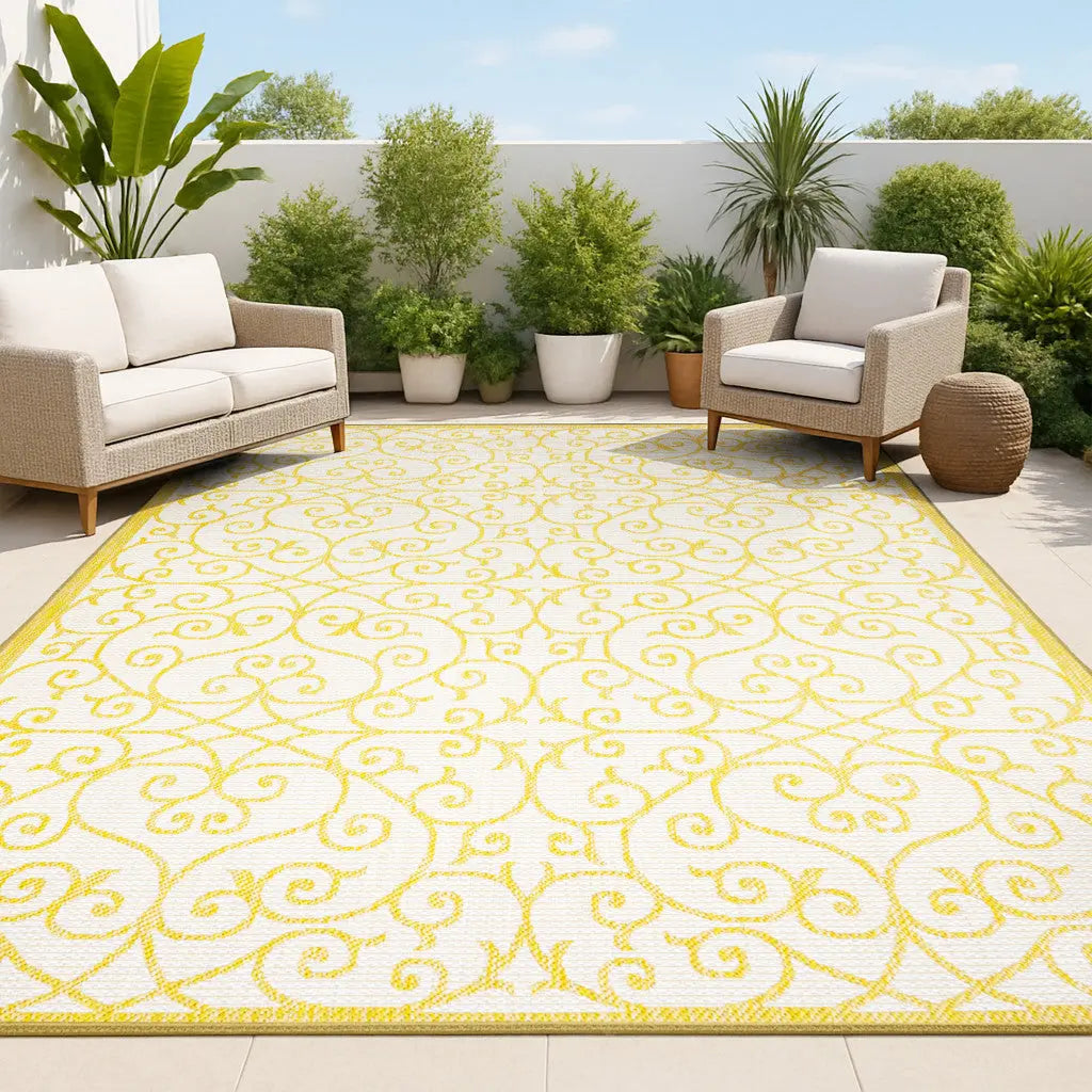 9' X 12' Cream And Yellow Geometric Indoor Outdoor Area Rug Homeroots Outdoor