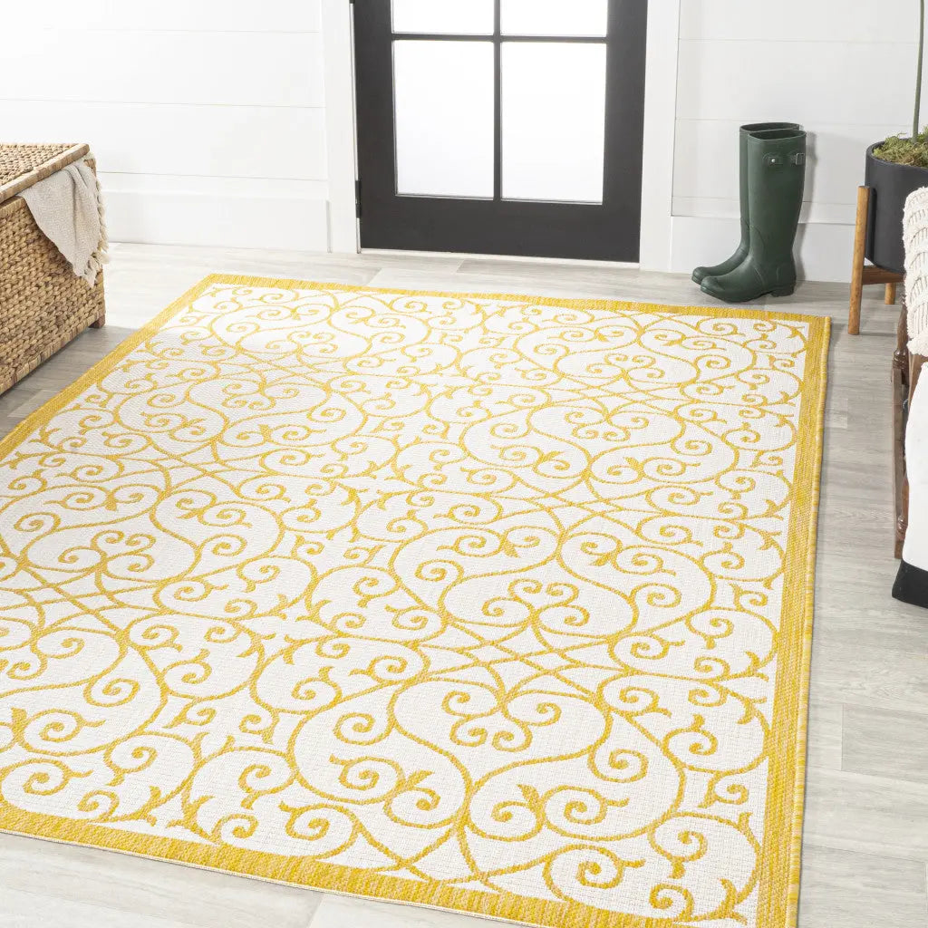 9' X 12' Cream And Yellow Geometric Indoor Outdoor Area Rug Homeroots Outdoor
