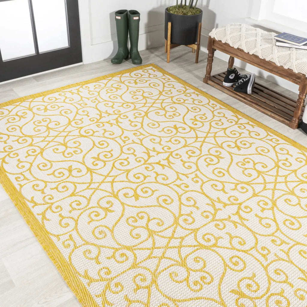 9' X 12' Cream And Yellow Geometric Indoor Outdoor Area Rug Homeroots Outdoor