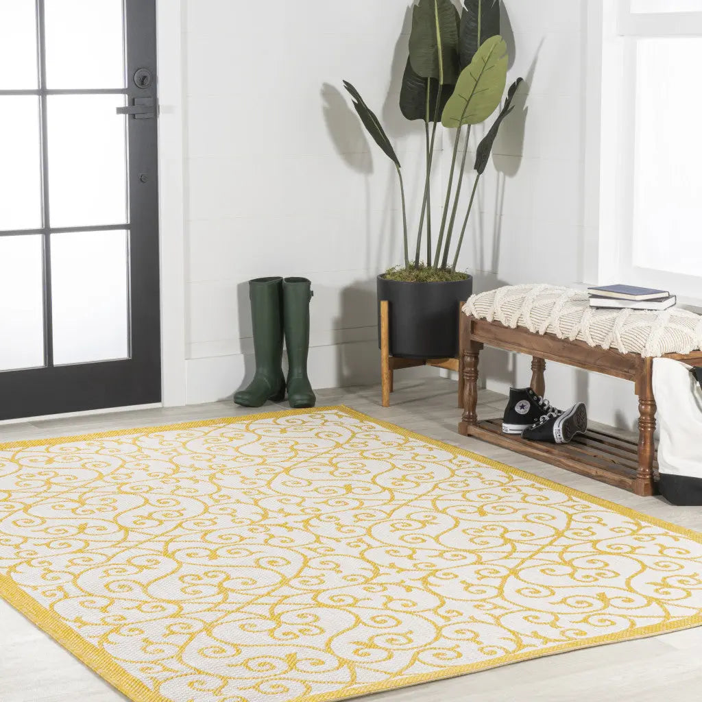 9' X 12' Cream And Yellow Geometric Indoor Outdoor Area Rug Homeroots Outdoor