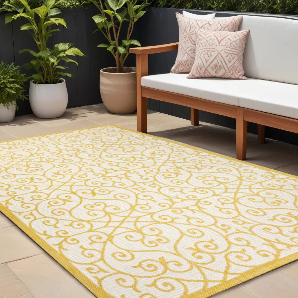 9' X 12' Cream And Yellow Geometric Indoor Outdoor Area Rug Homeroots Outdoor