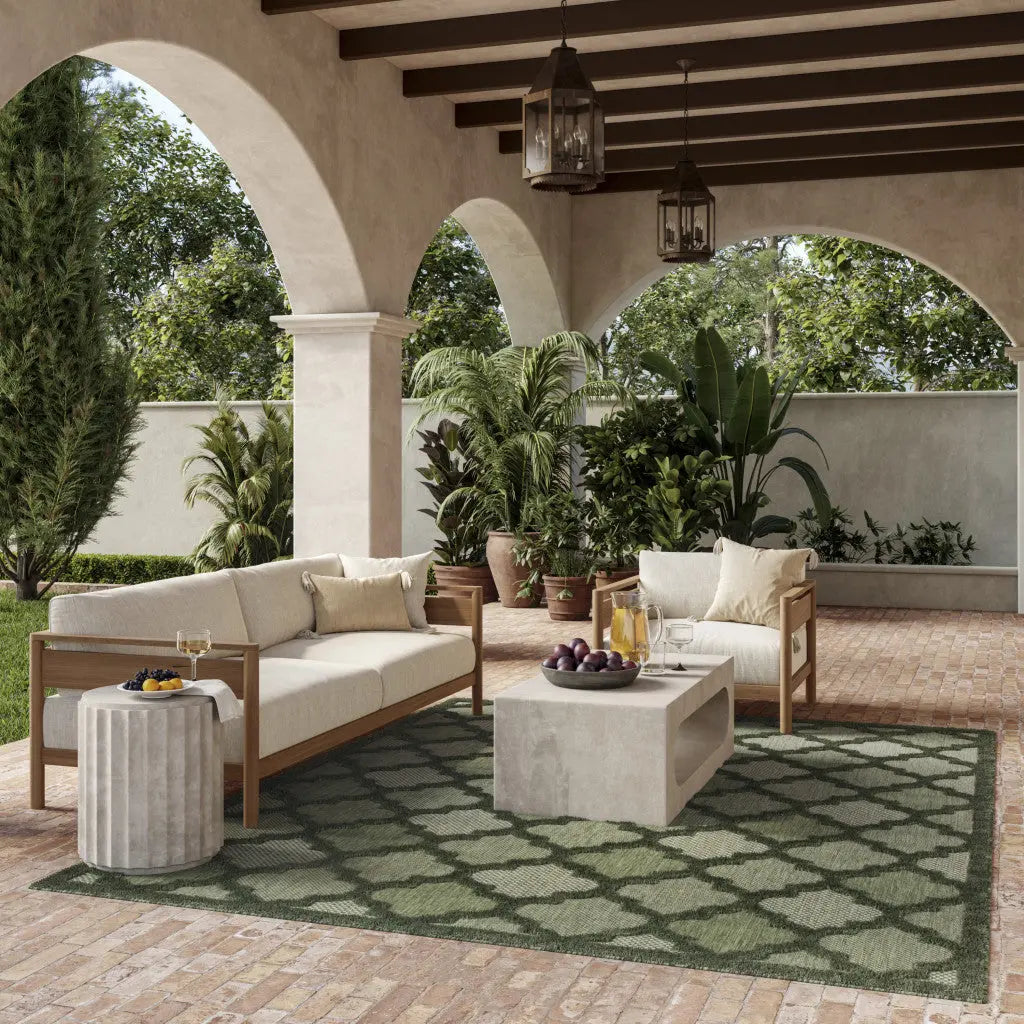 9' X 12' Dark Green And Light Green Trellis Indoor Outdoor Area Rug Homeroots Outdoor
