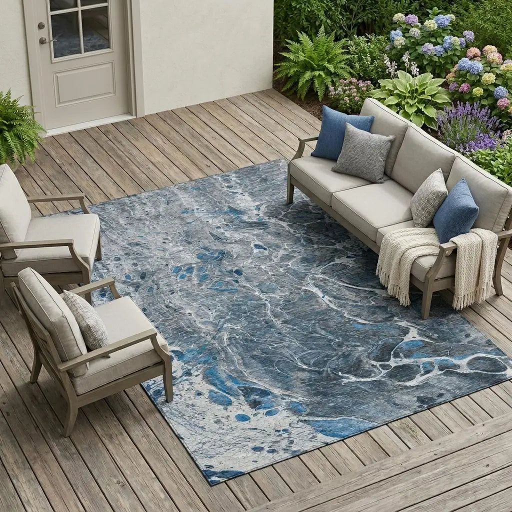 9' X 12' Denim Blue And Blue Abstract Washable Indoor Outdoor Area Rug Homeroots Outdoor