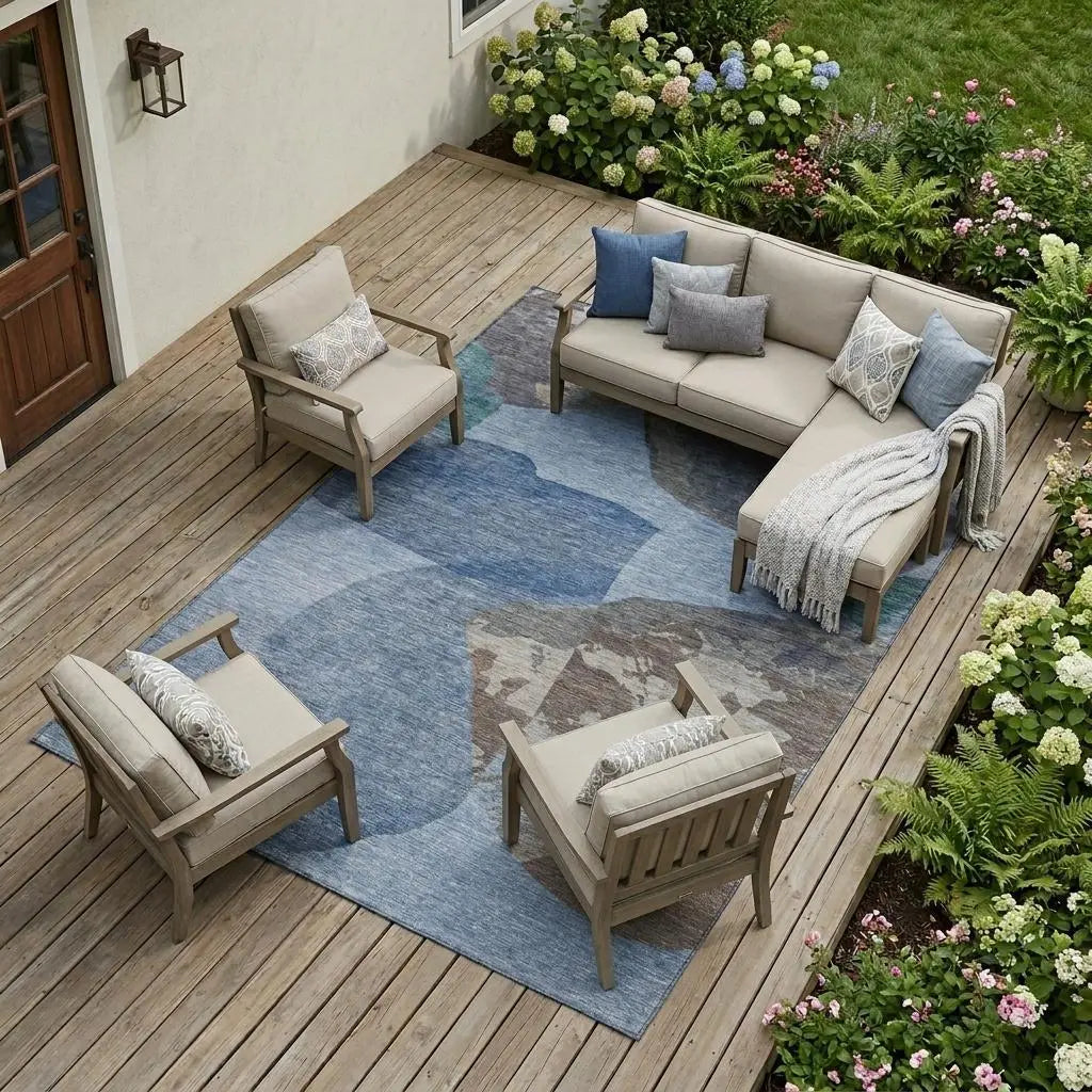 9' X 12' Denim Blue And Blue Abstract Washable Indoor Outdoor Area Rug Homeroots Outdoor