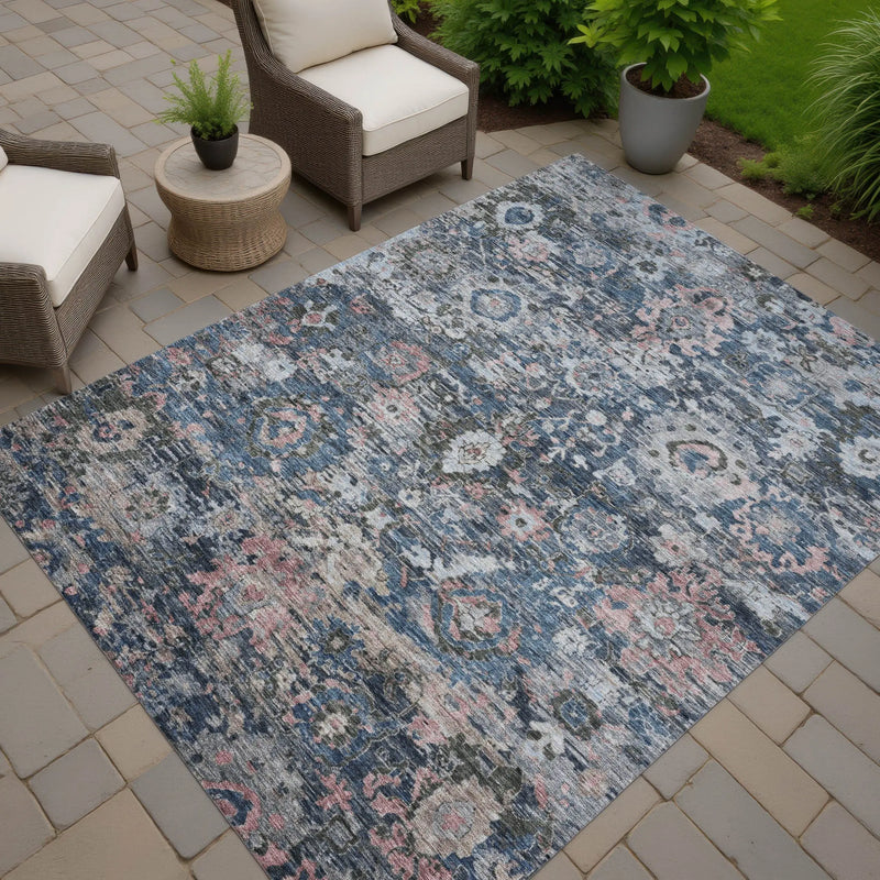9' X 12' Denim Blue And Blue Floral Washable Indoor Outdoor Area Rug Homeroots Outdoor