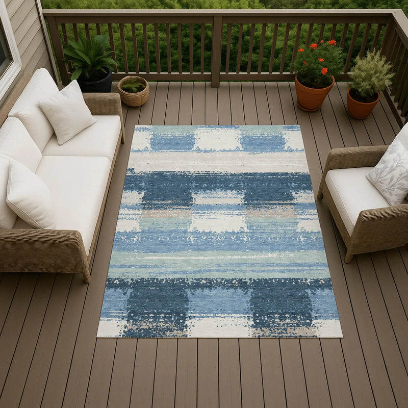 9' X 12' Denim Blue And Blue Geometric Washable Indoor Outdoor Area Rug Homeroots Outdoor
