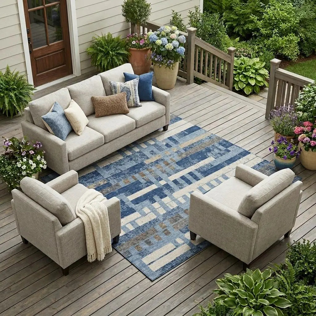 9' X 12' Denim Blue And Blue Striped Washable Indoor Outdoor Area Rug Homeroots Outdoor