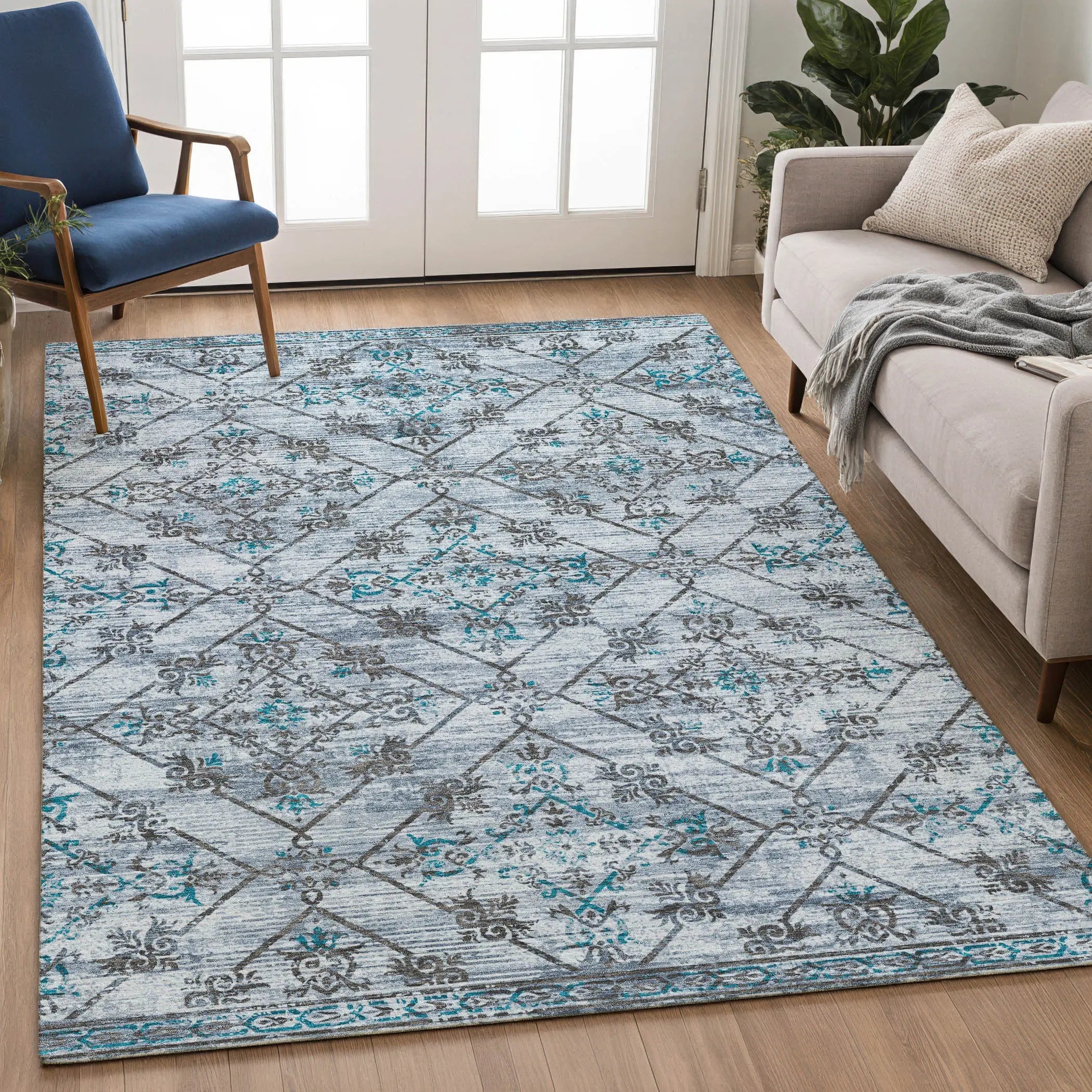 9' X 12' Denim Blue And Ivory Geometric Washable Indoor Outdoor Area Rug Homeroots Outdoor