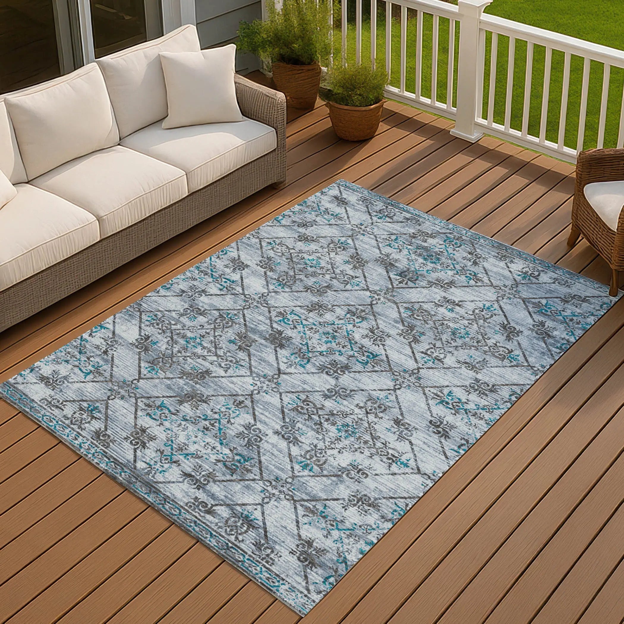 9' X 12' Denim Blue And Ivory Geometric Washable Indoor Outdoor Area Rug Homeroots Outdoor