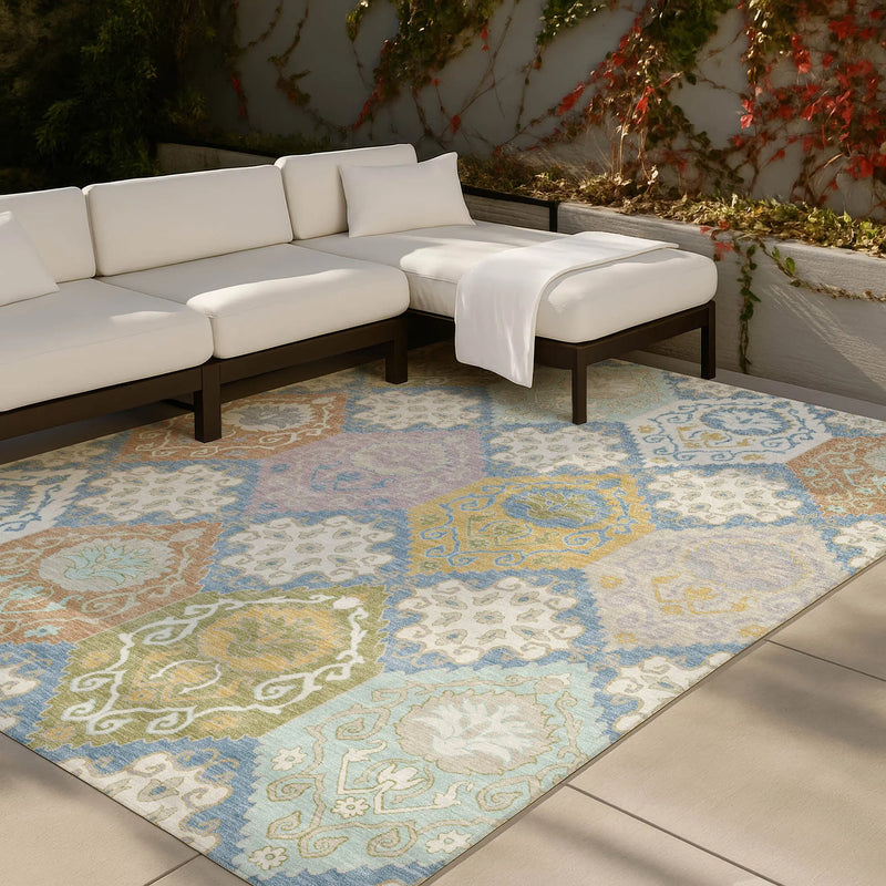 9' X 12' Denim Blue And Ivory Geometric Washable Indoor Outdoor Area Rug Homeroots Outdoor
